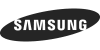 A black and white samsung logo on a black background