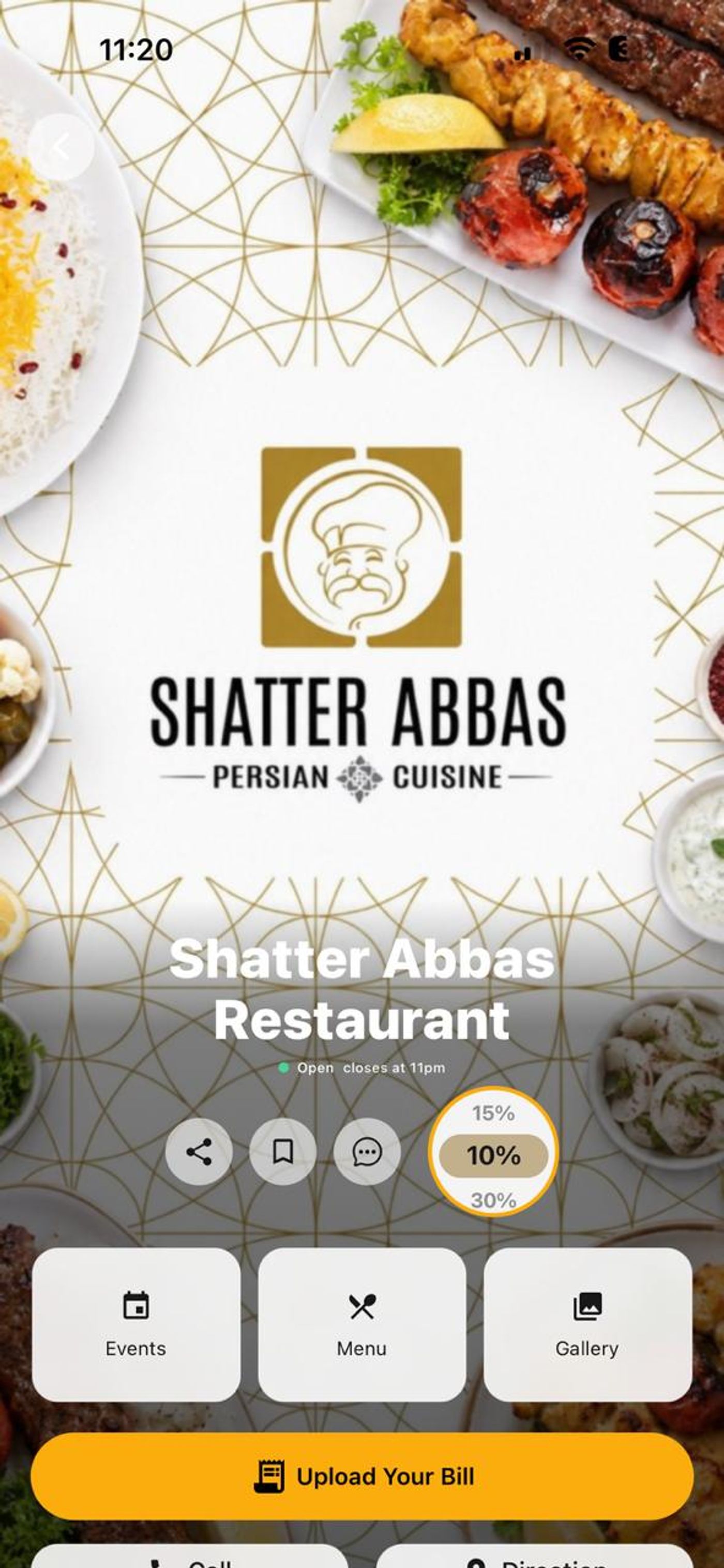Shatter Abbas restaurant page in Cravyz with a cashback offer selector and an Upload Your Bill button. Offers shown are illustrative and may change.