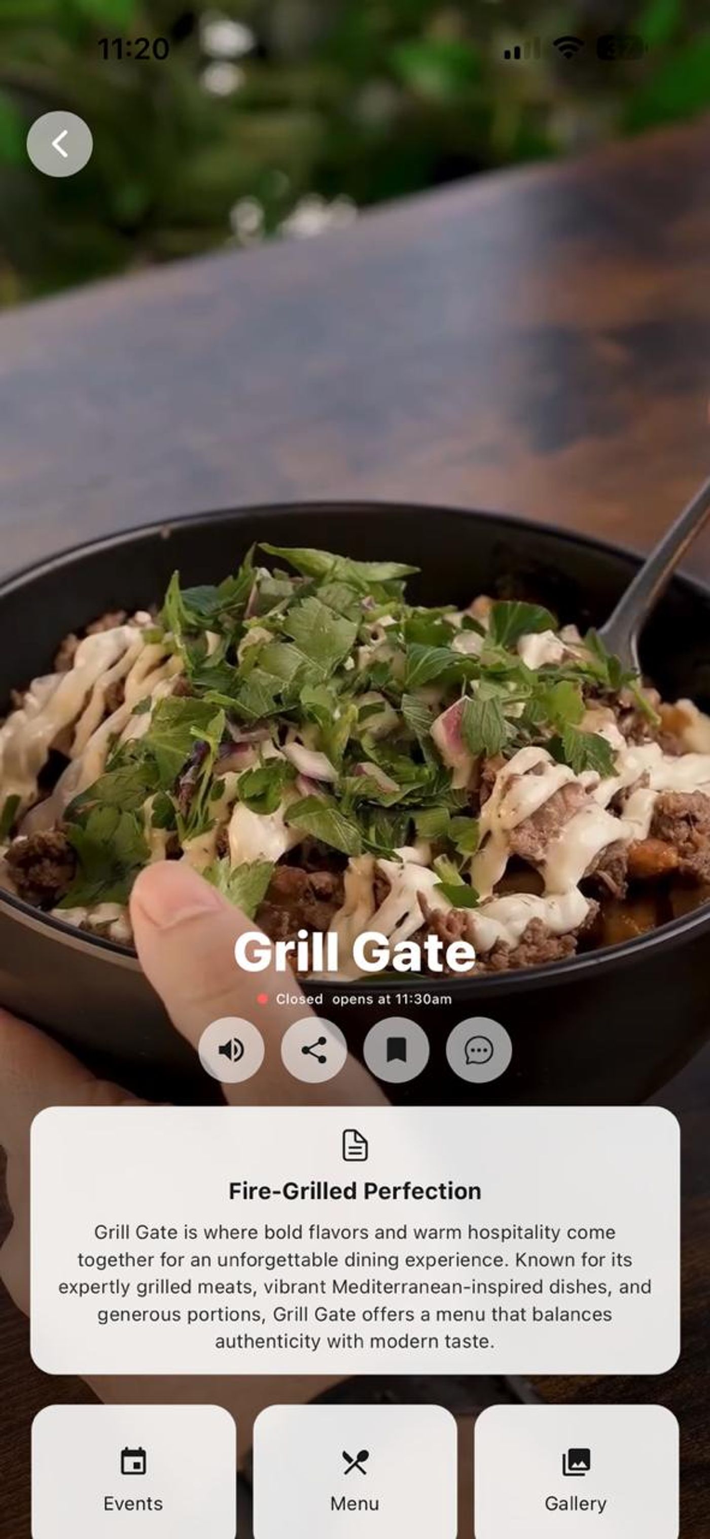 Grill Gate restaurant profile in Cravyz featuring a food video preview and links to its menu, events and gallery.