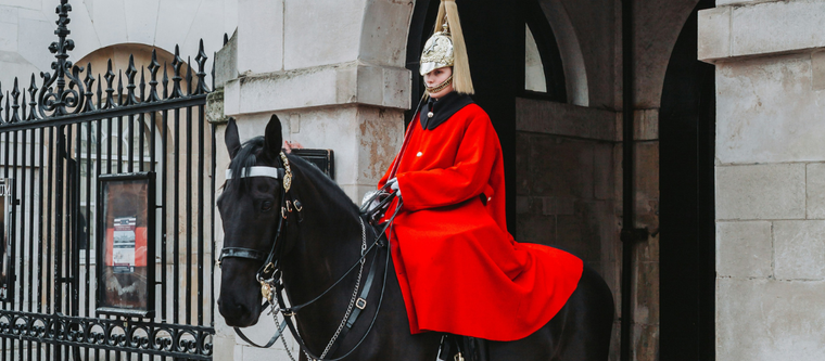 Sentinela em Seu Cavalo no Horse Guard Parade em Londres