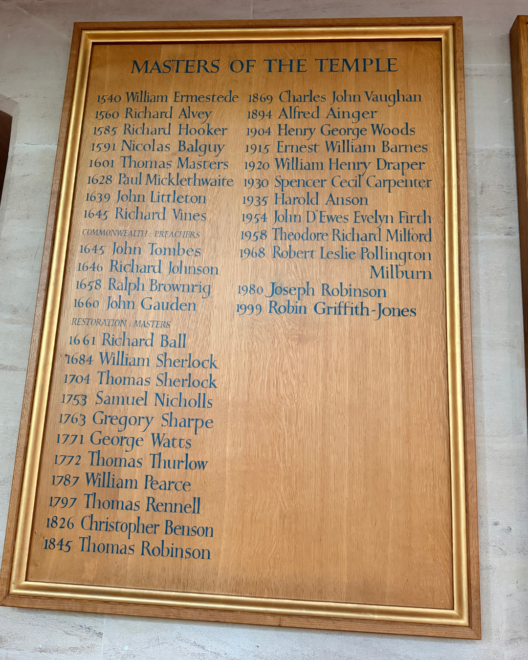 Lista com os nomes dos mestres da igreja e o ano que eles iniciaram a liderança