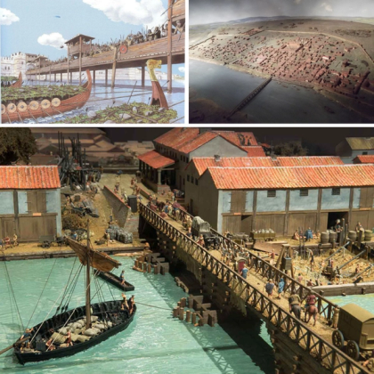 London Bridge Sendo Representada Como Era Construída no Período Romano, Vikings e Vista Aérea de Londres Romana - Reprodução Internet