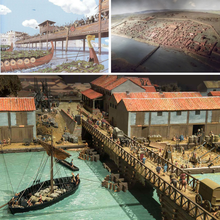 London Bridge Sendo Representada Como Era Construída no Período Romano, Vikings e Vista Aérea de Londres Romana - Reprodução Internet