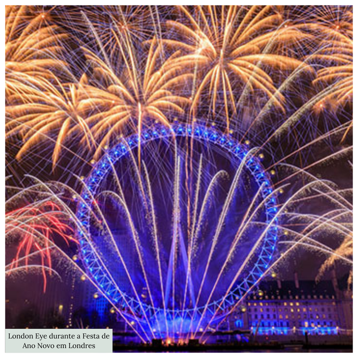 Fogos de artifício dourados explodindo sobre a London Eye em Londres, refletidos no Rio Tâmisa