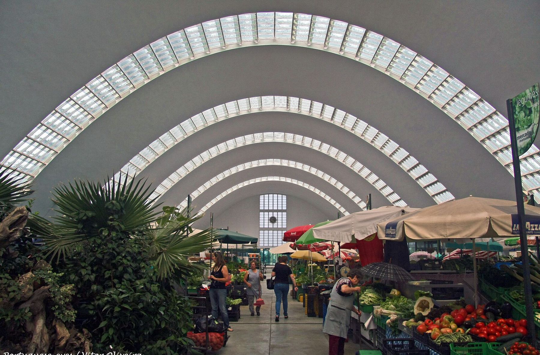 Inside Mercado de Matosinhos: produce stalls under sweeping concrete arches