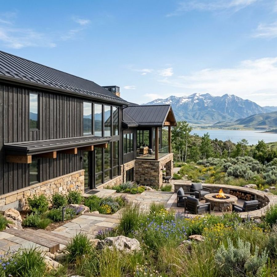 Mountain modern massing at Benloch Ranch — materials boards live and die at the DRB
