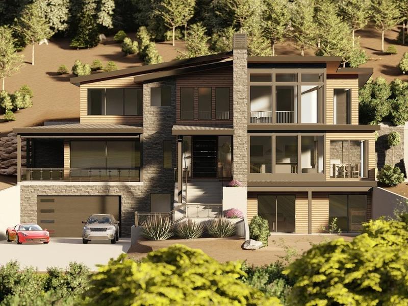 Benloch Ranch Lot 112 architectural rendering modern mountain home stone wood facade Utah