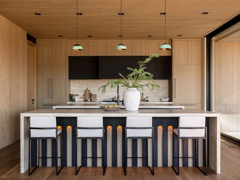 open-concept kitchen living area mountain modern great room vaulted ceiling Benloch Ranch custom home