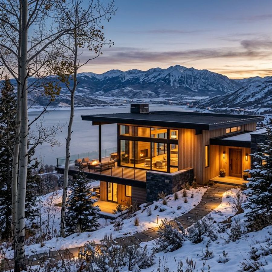 Snow-covered mountain modern home at Benloch Ranch with Wasatch views