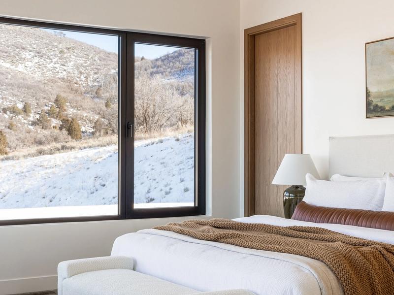 Benloch Ranch bathroom freestanding tub wood-look tile accent wall mountain modern design