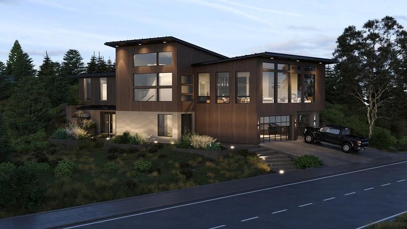 Benloch Ranch Lot 66 modern mountain home exterior twilight rendering with wood siding and large windows in Heber City Utah