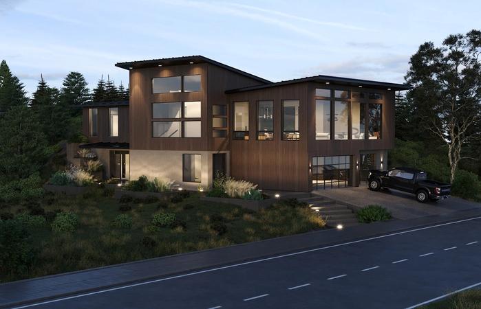 Benloch Ranch Lot 66 modern mountain home exterior twilight rendering with wood siding and large windows in Heber City Utah