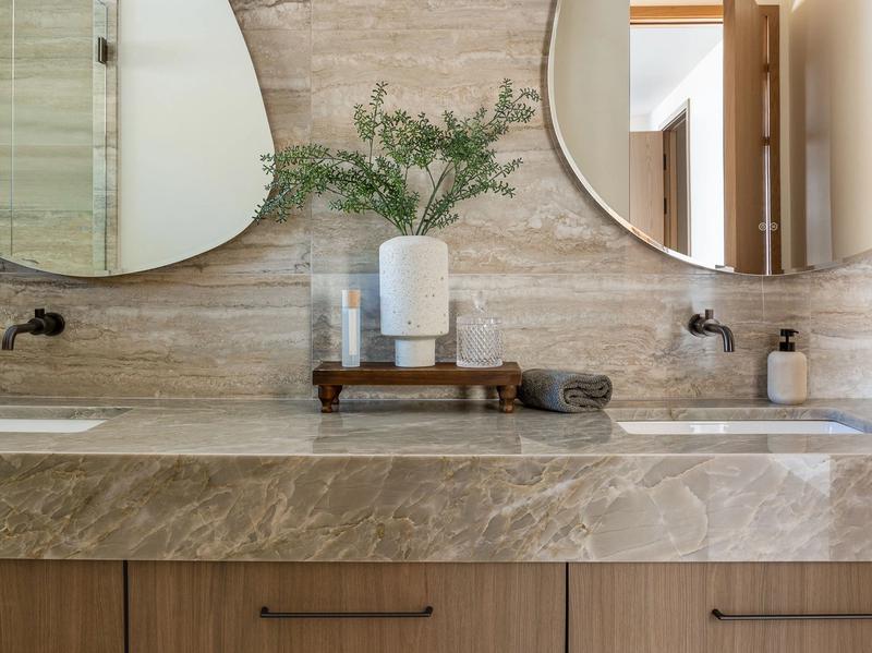 luxury home powder room modern vanity statement mirror Benloch Ranch mountain modern interior