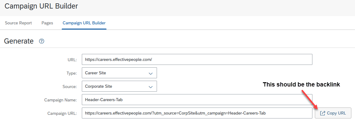 Source Tracker—Campaign URL Builder page in SAP SuccessFactors