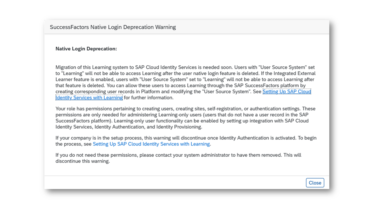 SAP SuccessFactors Native Login Deprecation Warning