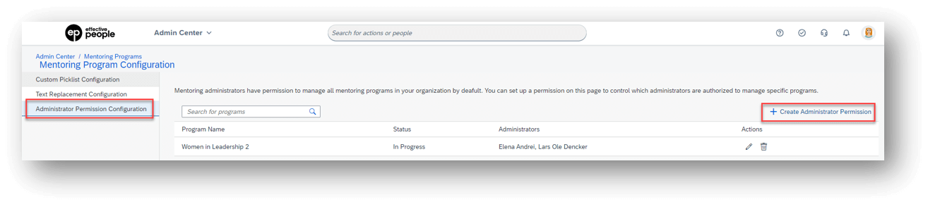 Manage Administrator Permissions for Mentoring Programs