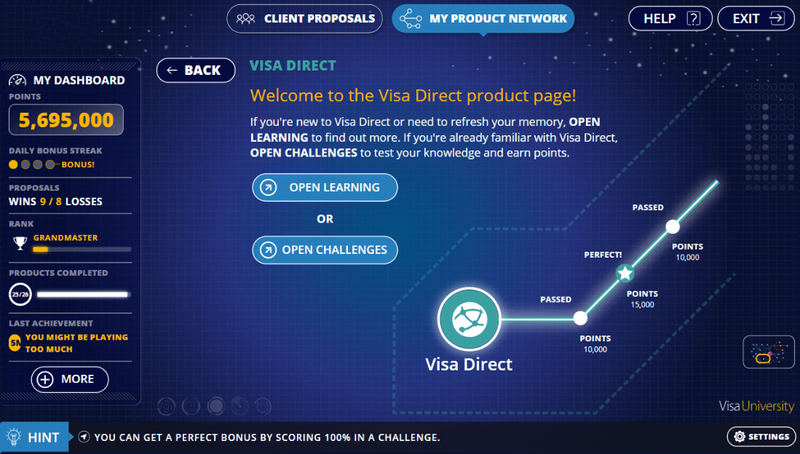 A screenshot from the product knowledge learning game and fully gamified platform that LEO Learning created for Visa