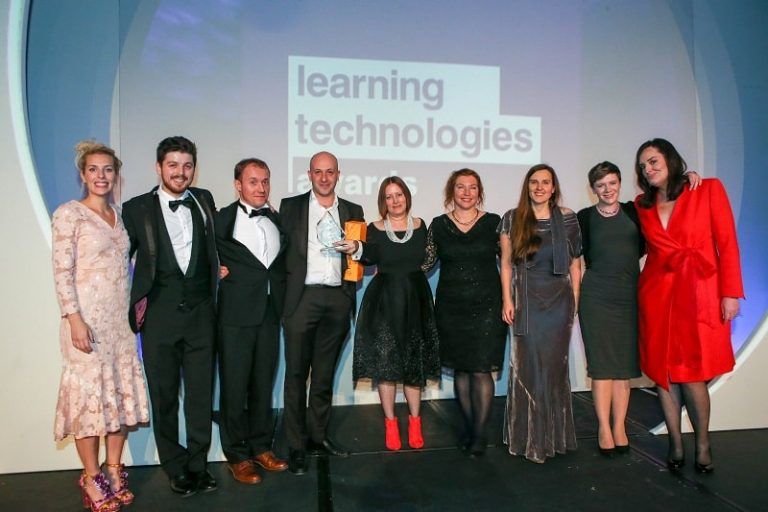 The LEO team and clients accepting the Learning Technologies Company of the Year award in 2017