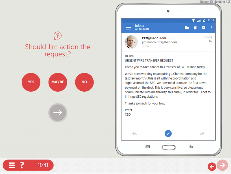 A screenshot from compliance eLearning that uses good storytelling techniques