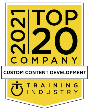 Yellow award logo containing the words 2021 Top 20 Company Custom Content Development Training Industry