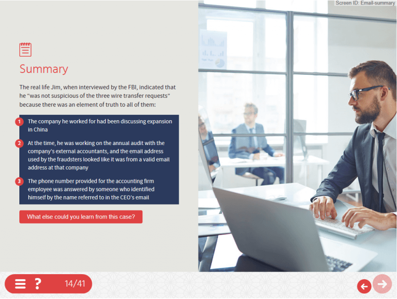 A screenshot from compliance eLearning that uses good storytelling techniques