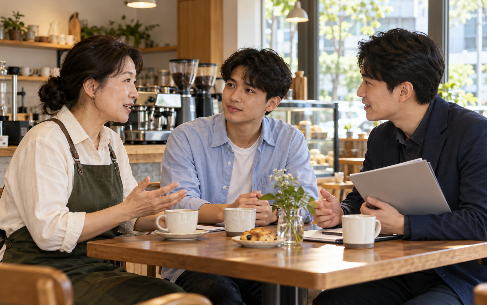 카페 사장님과 외국인 유학생, 채용 상담자가 함께 이야기하는 모습을 표현한 AI 생성 이미지