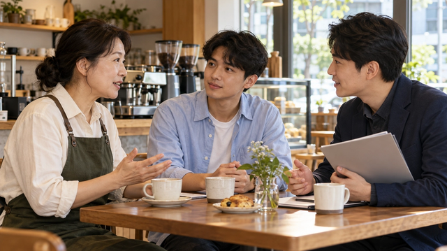 카페 사장님과 외국인 유학생, 채용 상담자가 함께 이야기하는 모습을 표현한 AI 생성 이미지