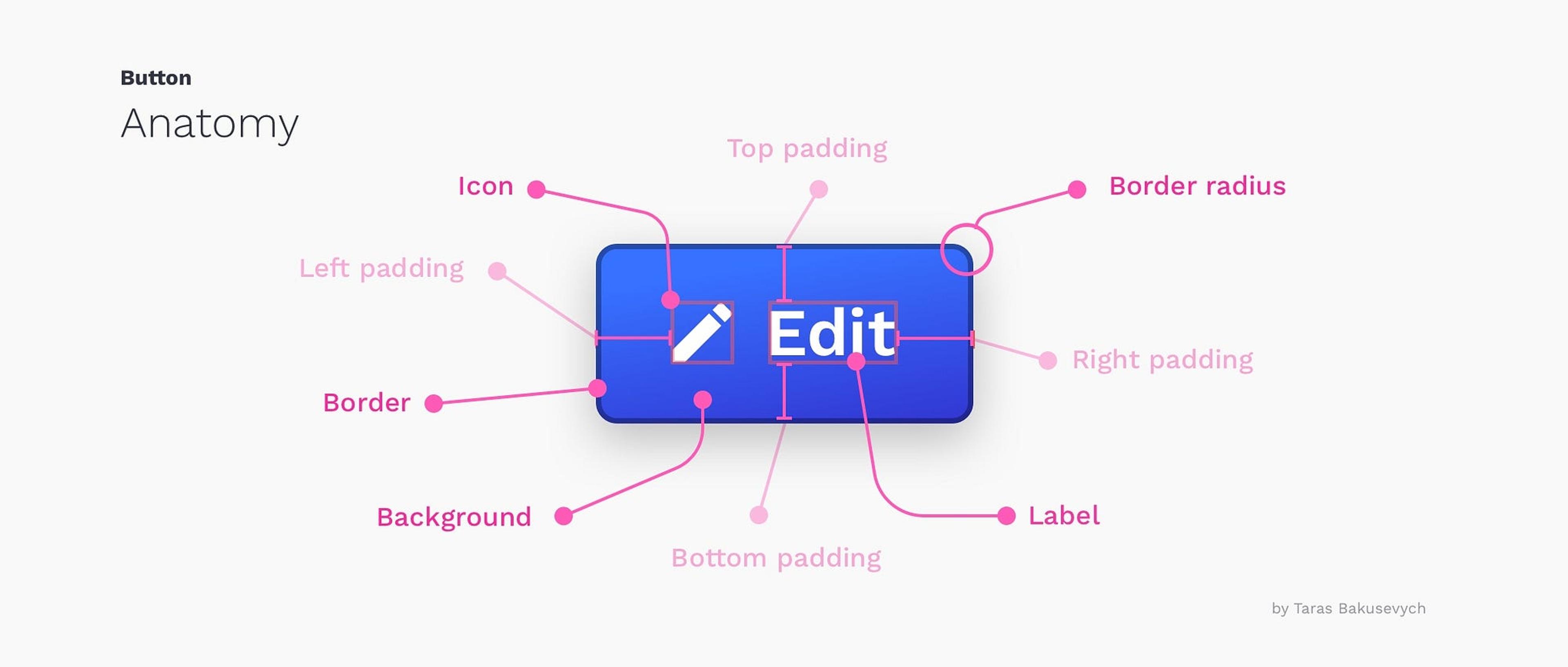 Anatomy of a button, highlighting design elements like padding, border, icon, and label