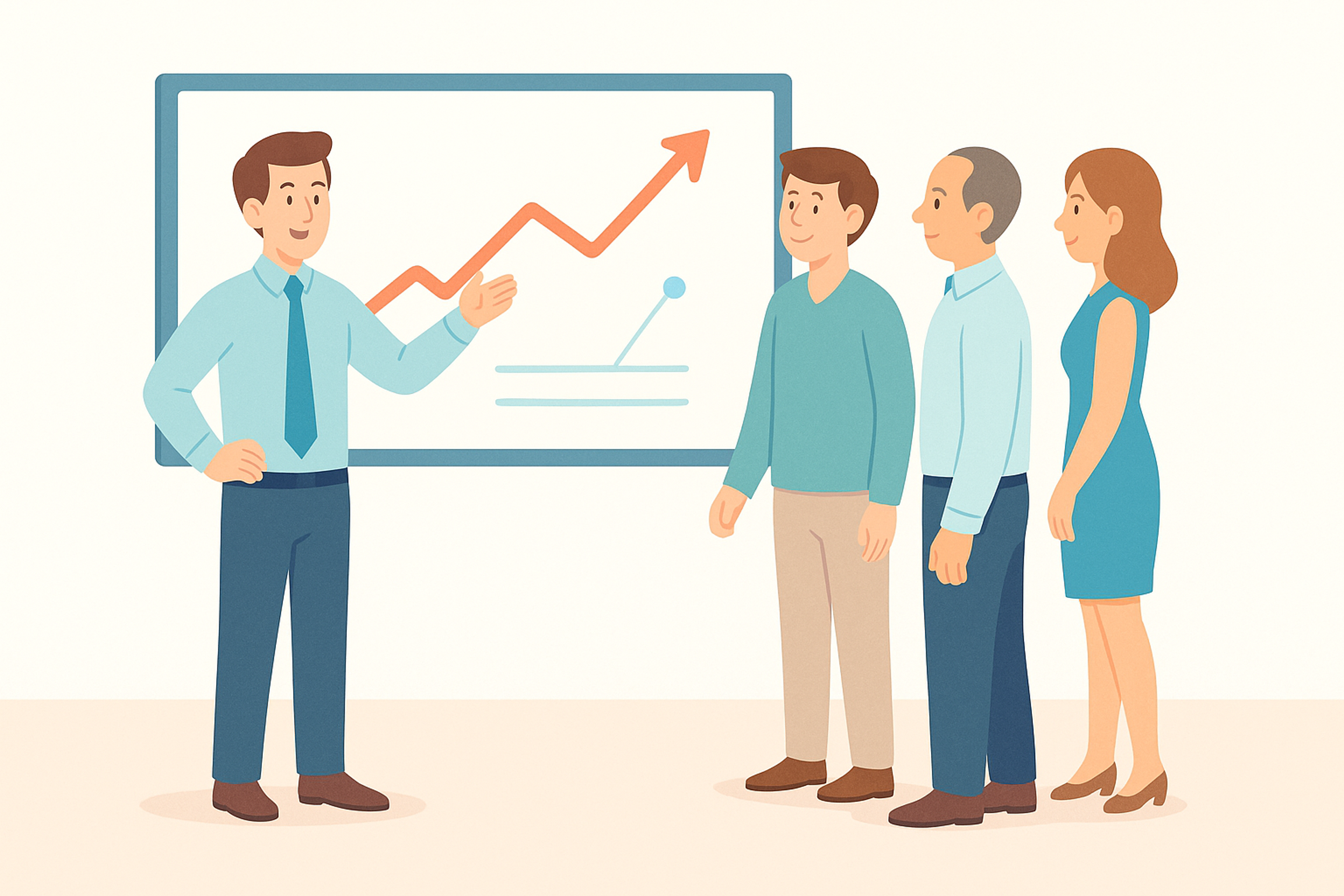 The drawn people look at the graph on the board