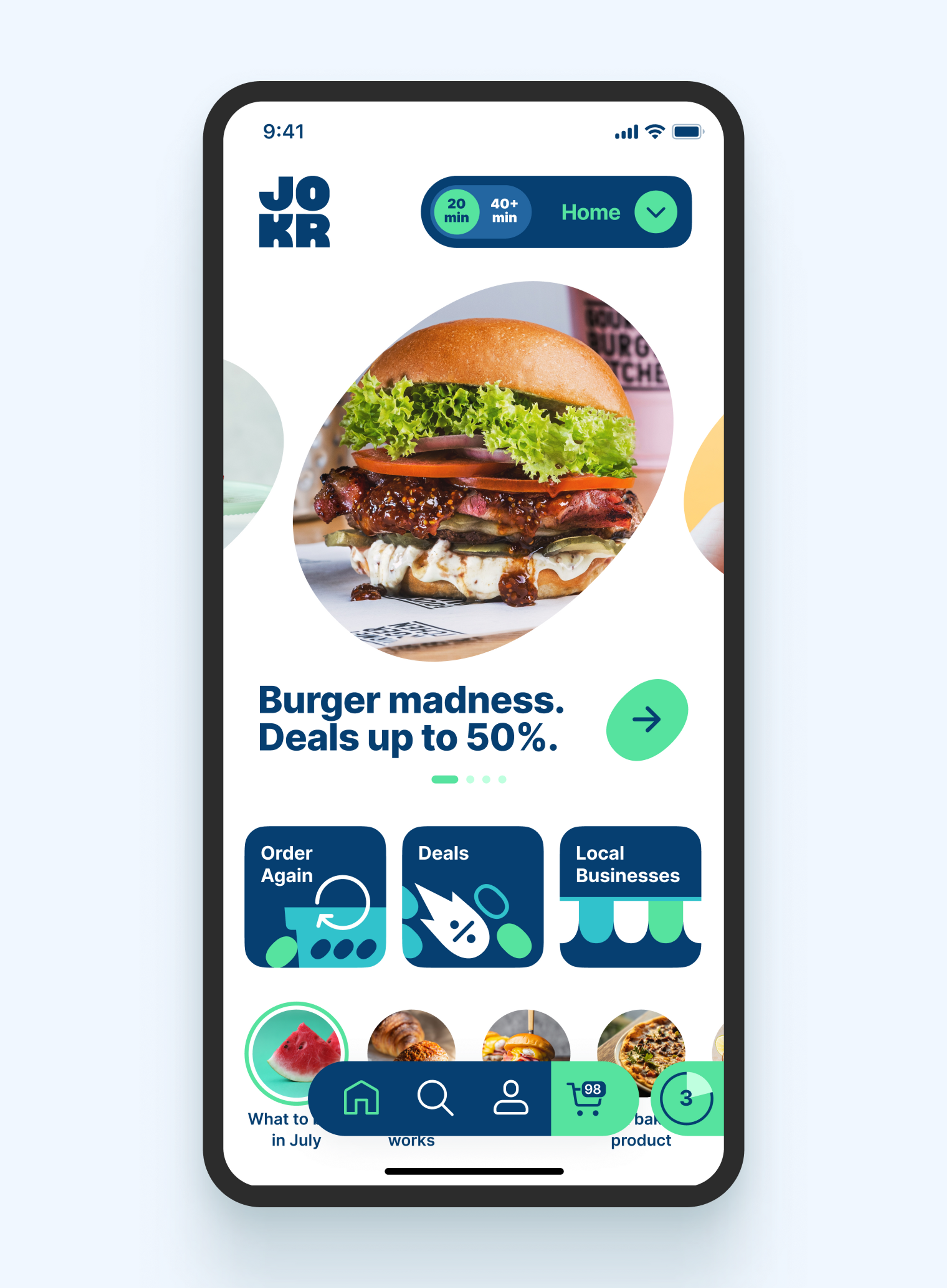 JOKR app homescreen with a picture of a burger