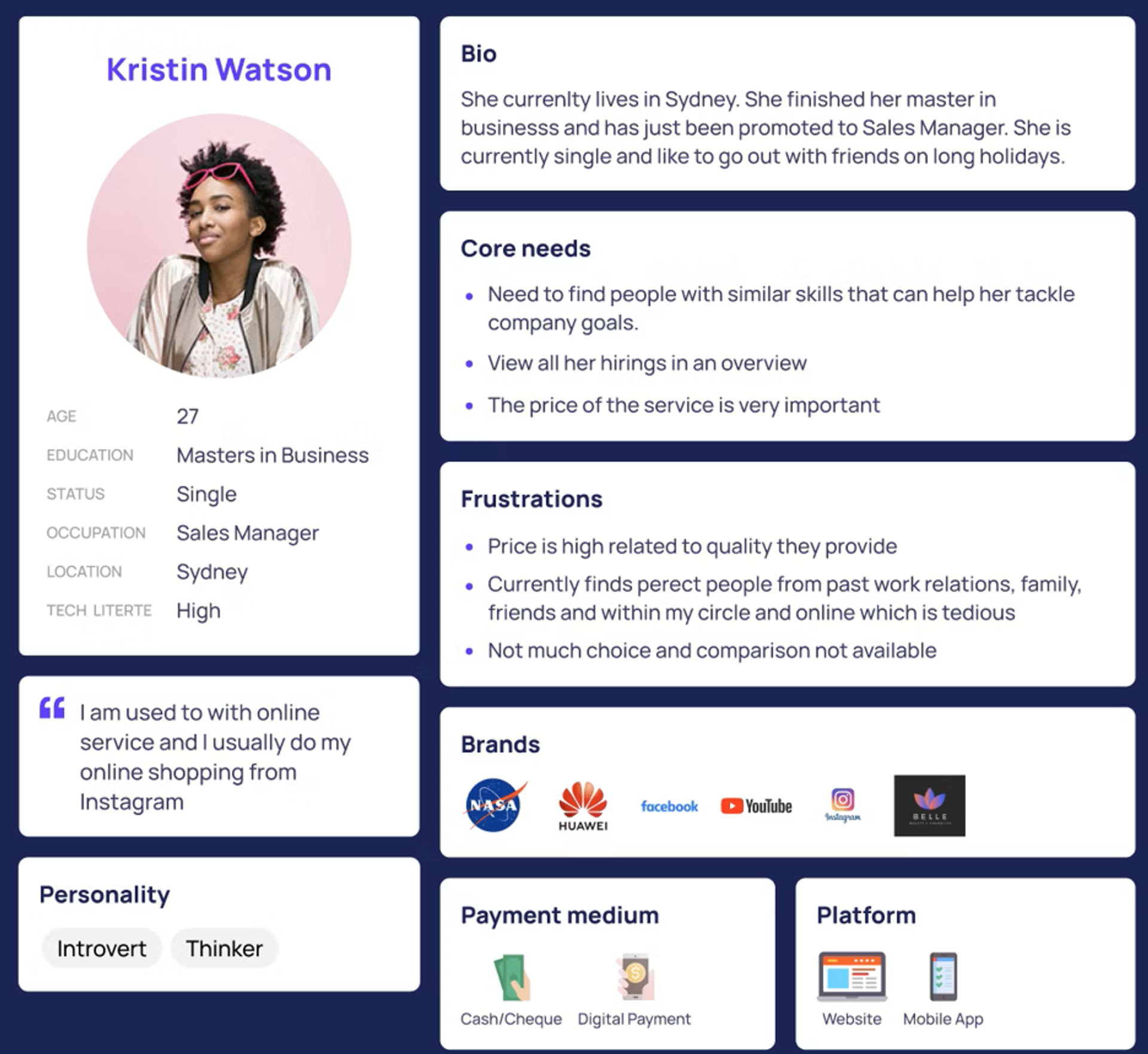 Screenshot showing a detailed user persona profile