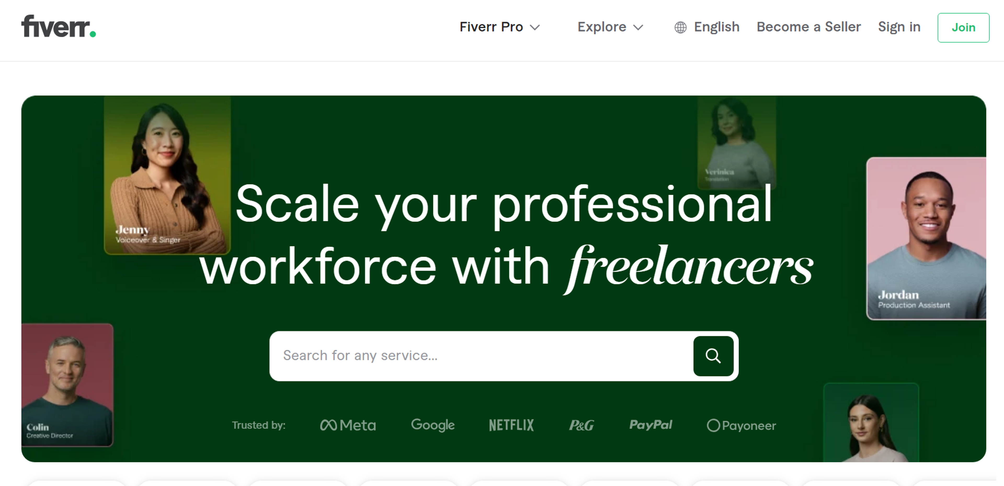 Fiverr homepage promoting professional freelance services