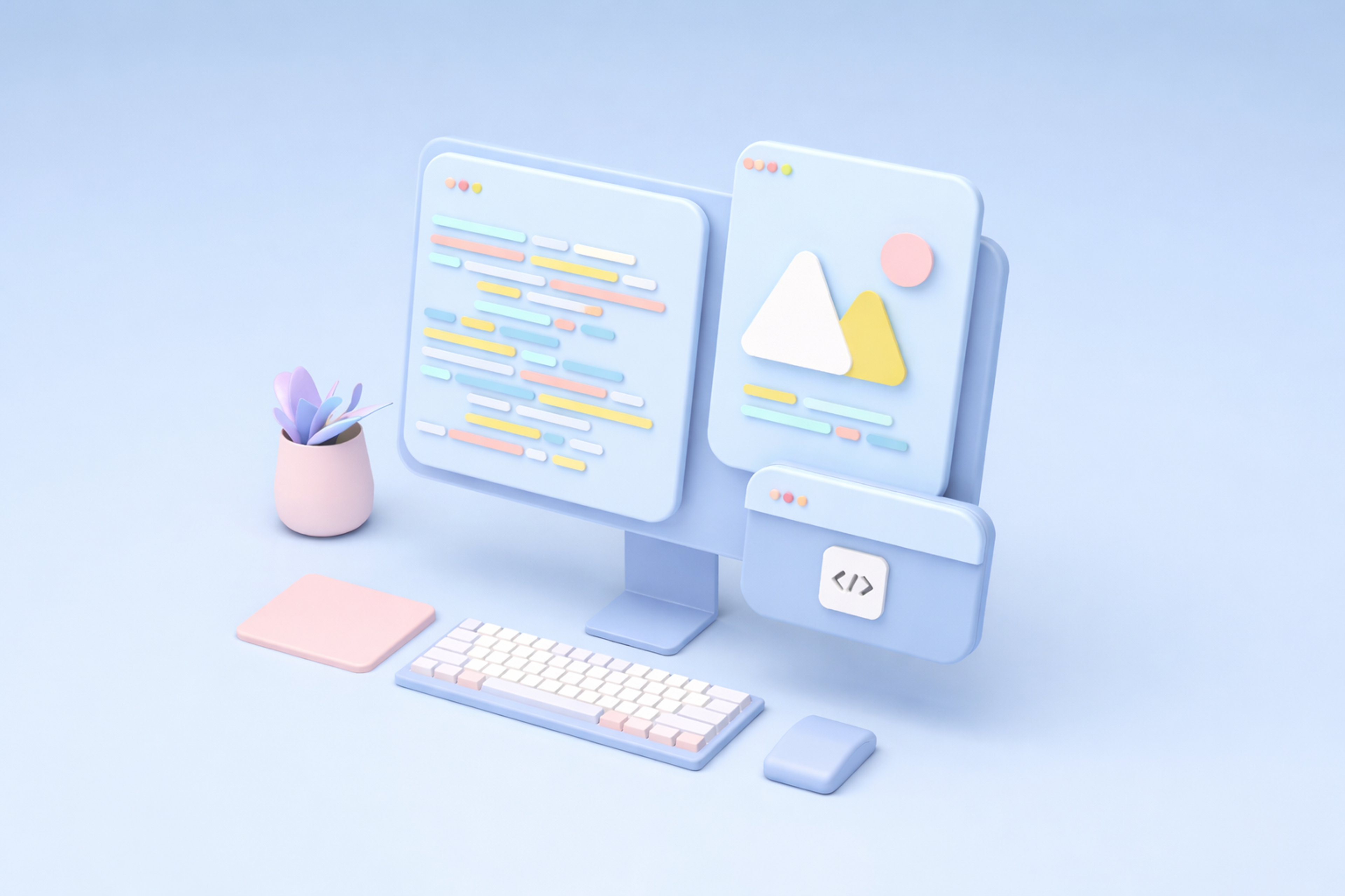 3D image of a computer with web page elements