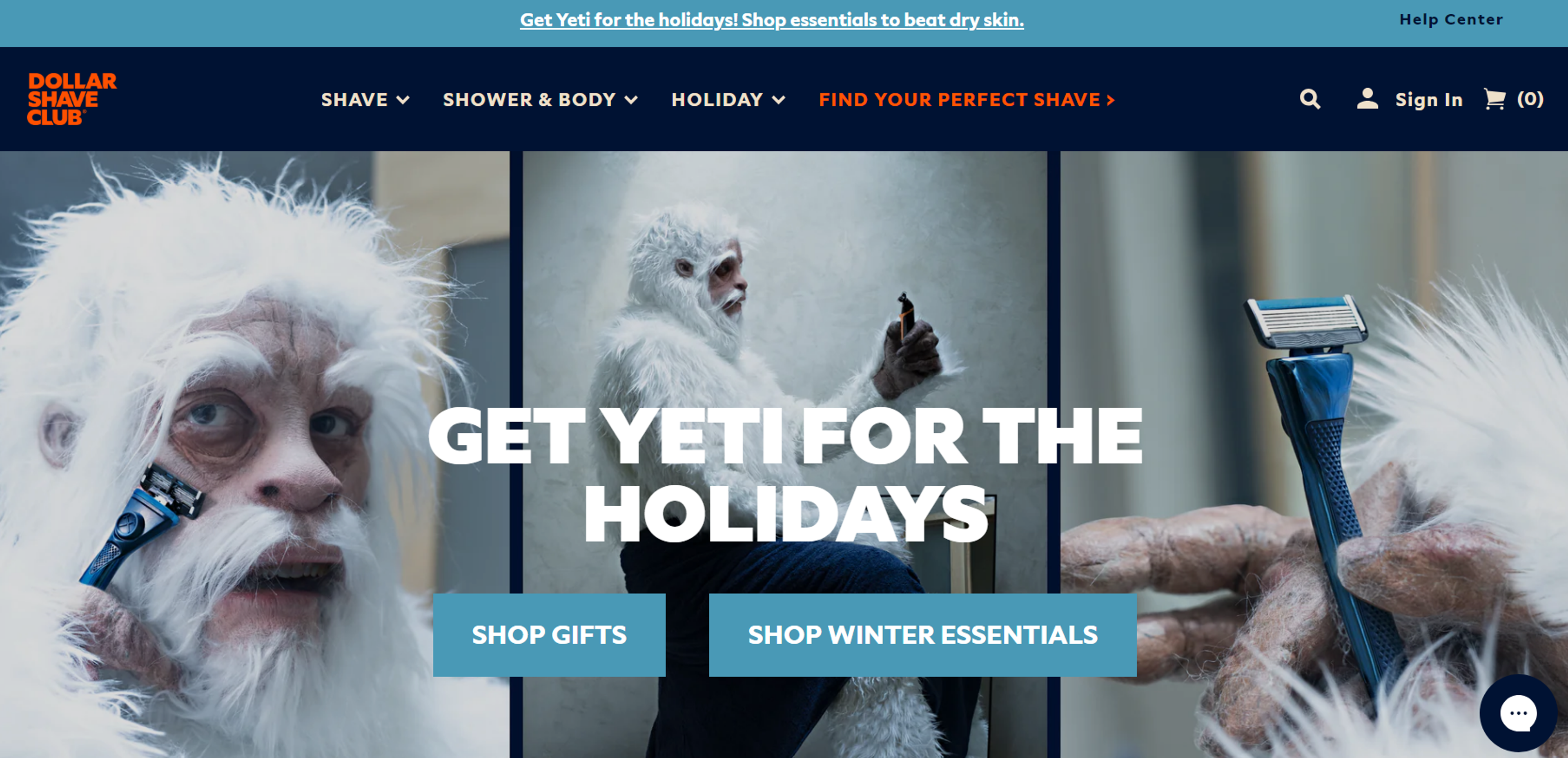 Dollar Shave Club holiday promotion featuring a playful "Yeti for the Holidays"