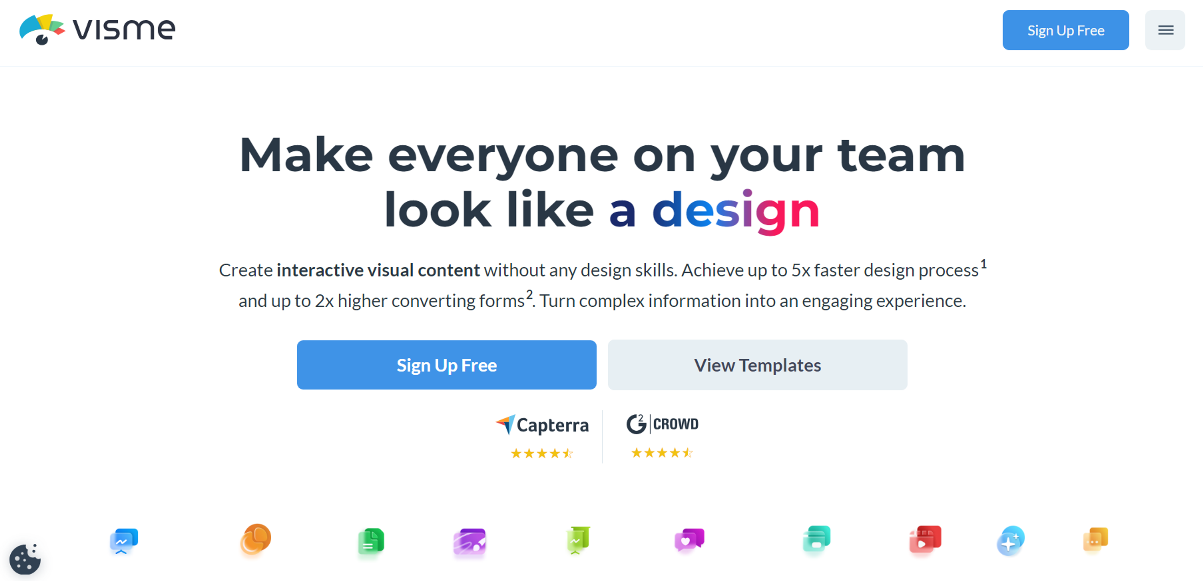 Visme homepage promoting tools for creating interactive visual content