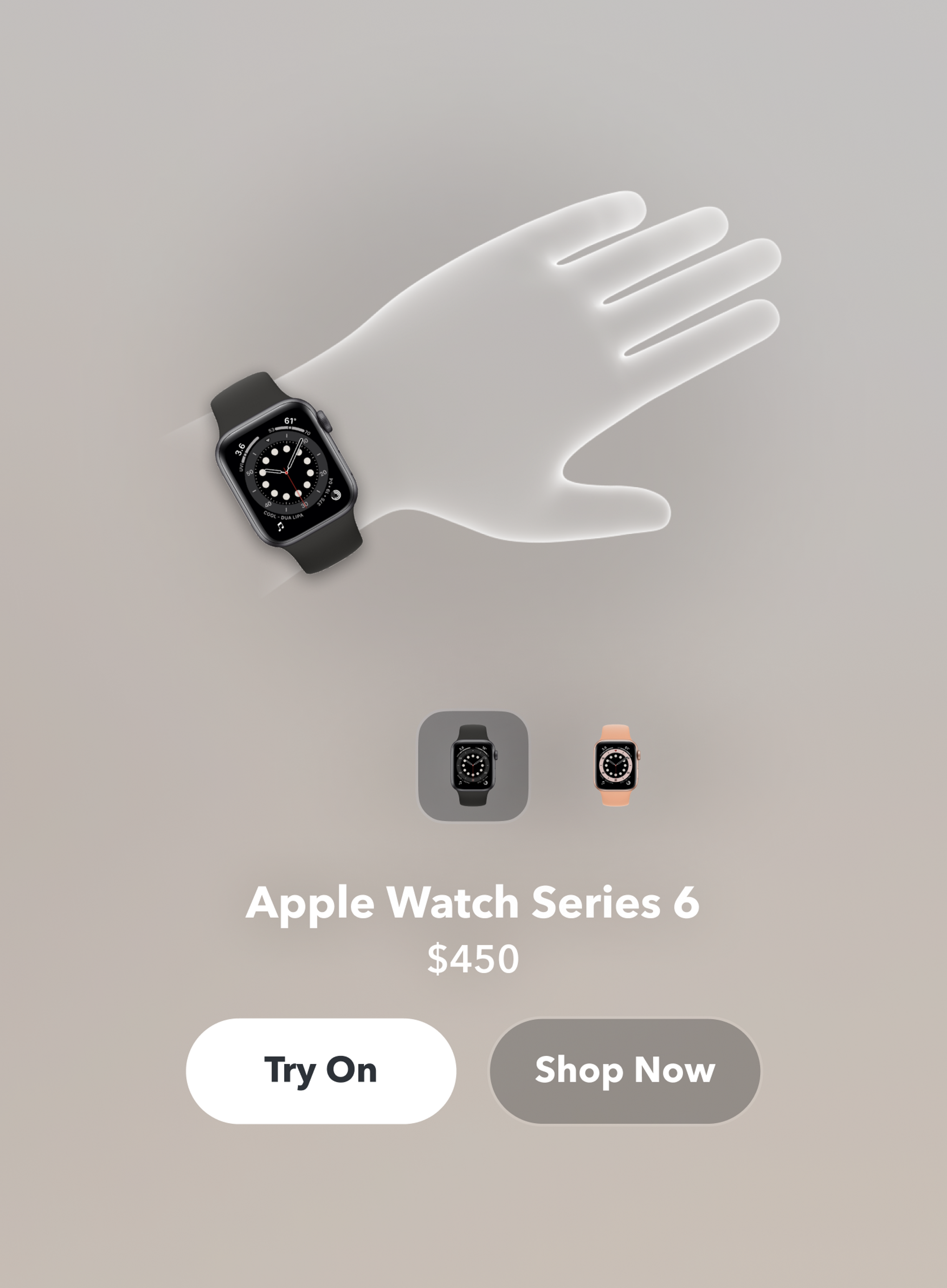 Snapchat AR interface for trying on Apple Watch