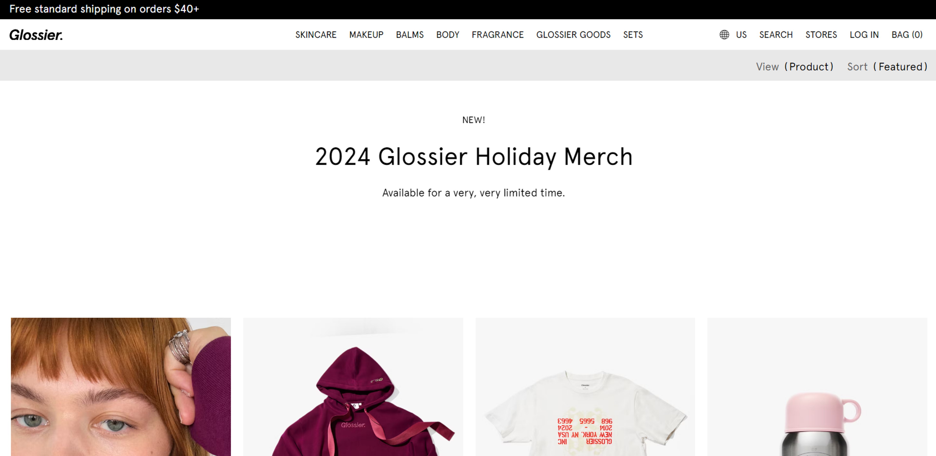 Glossier's 2024 Holiday Merch page featuring limited-edition products