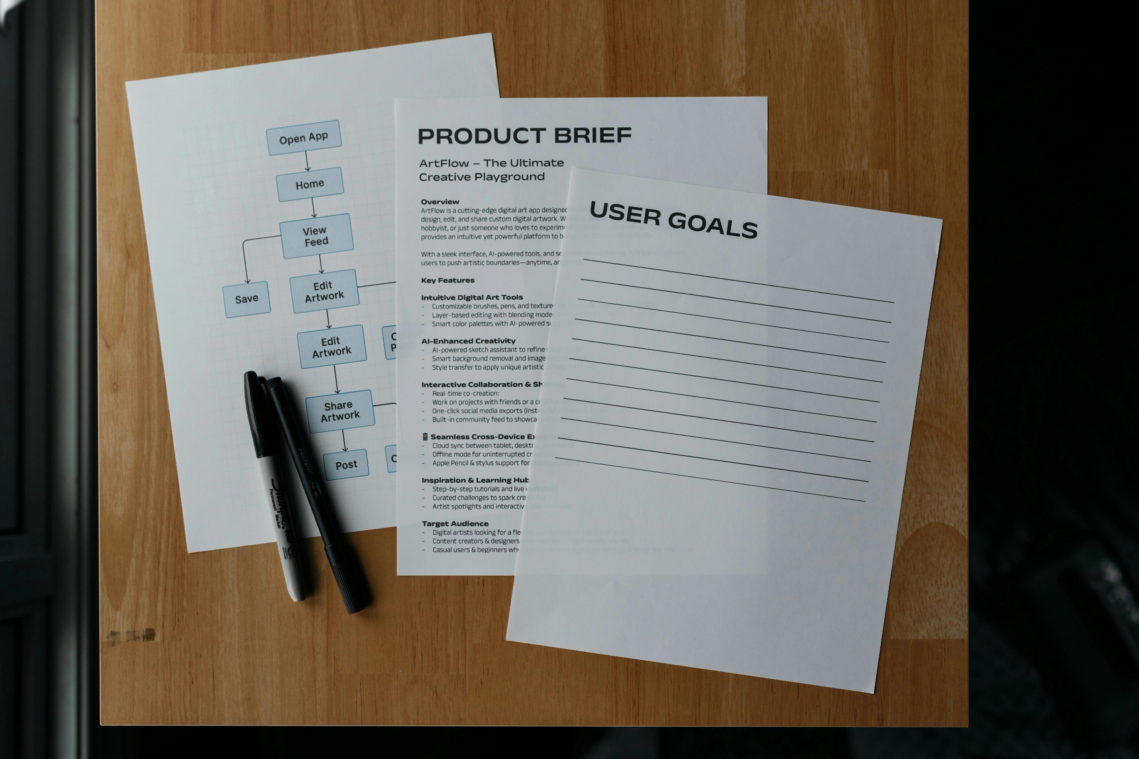 Product brief and user goals papers on a table