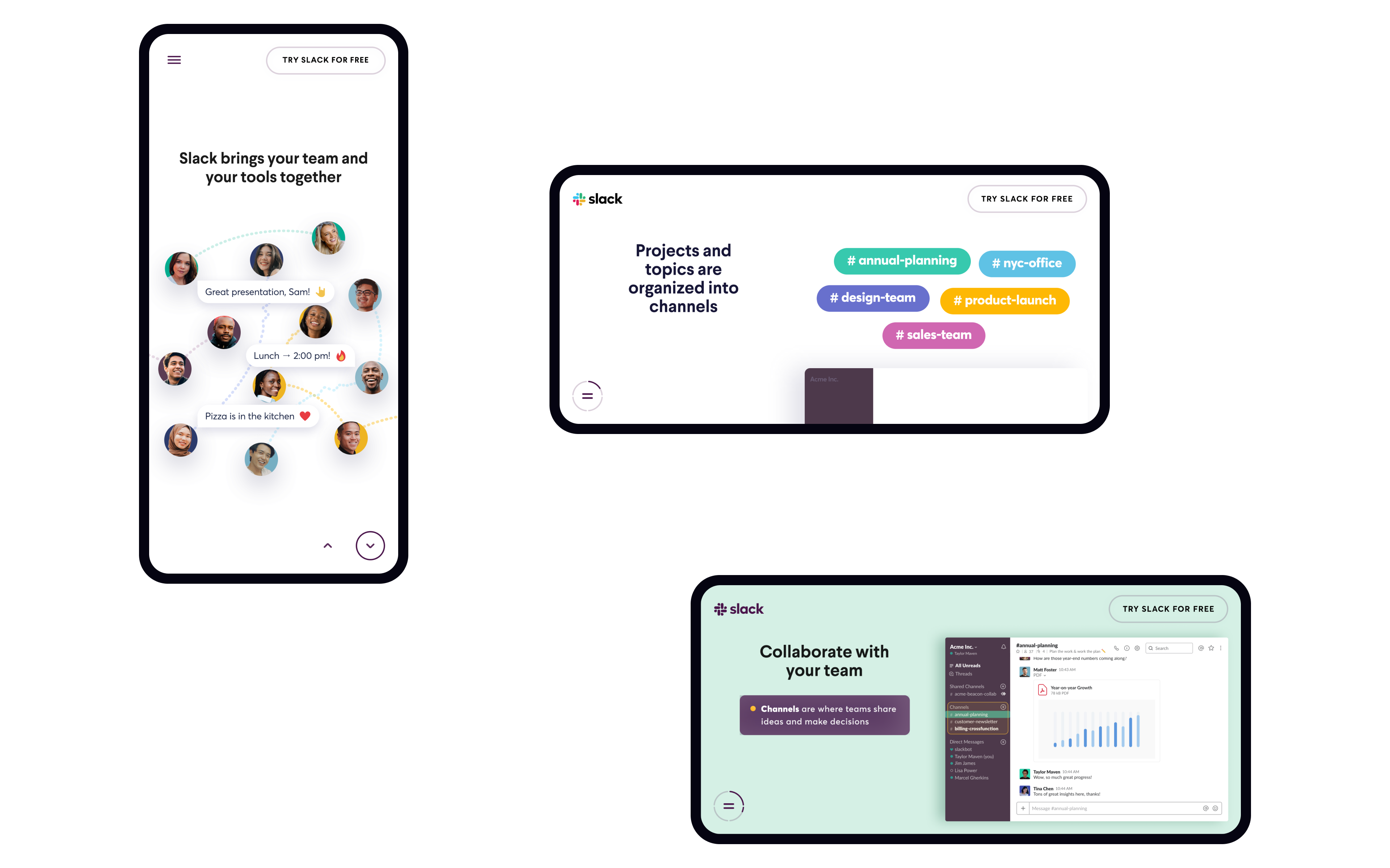 Slack website screenshots showing different welcome screens optimized for mobile