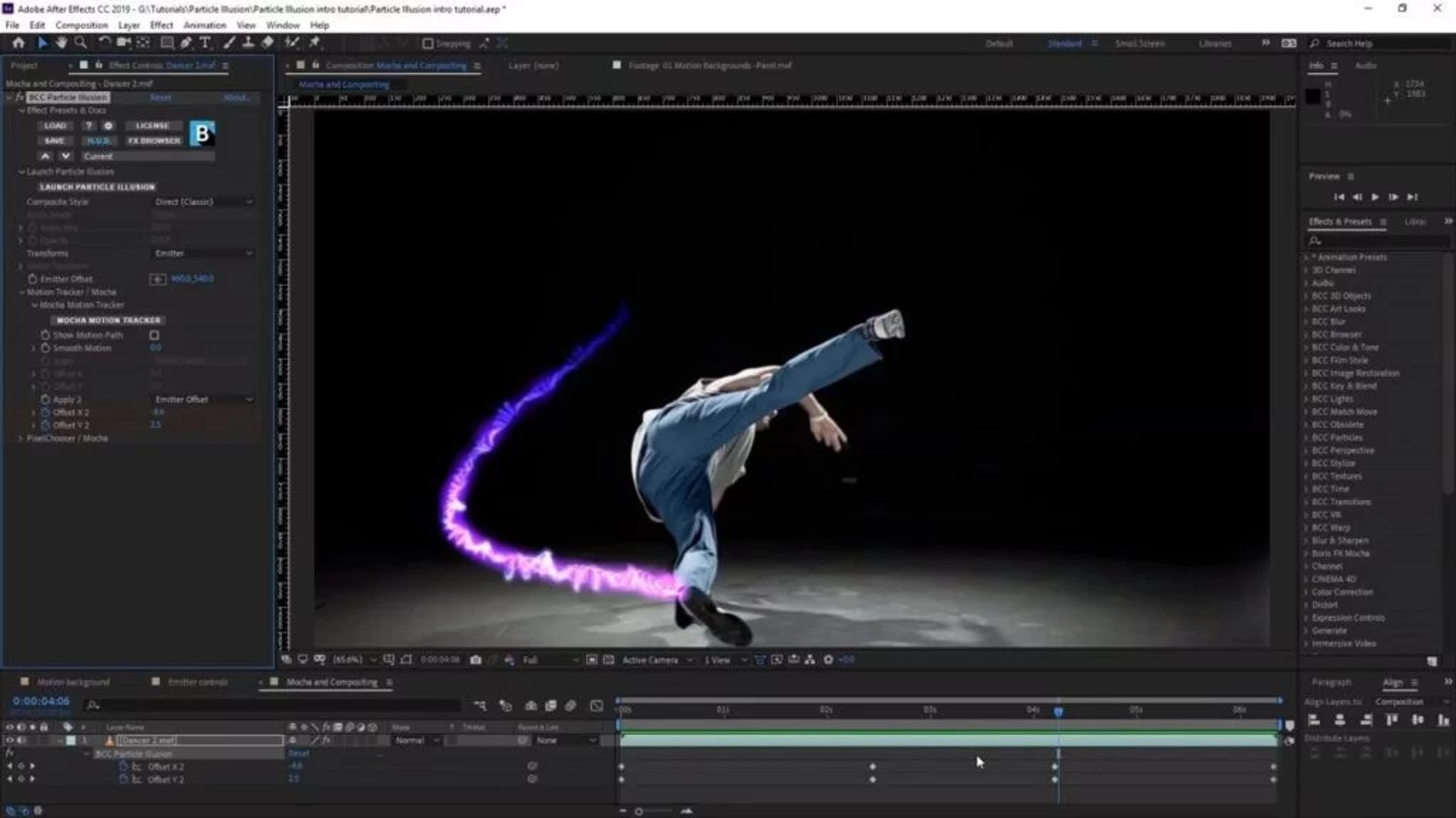Adobe After Effects interface showing a video project with a dynamic purple motion trail effect applied to a kicking figure