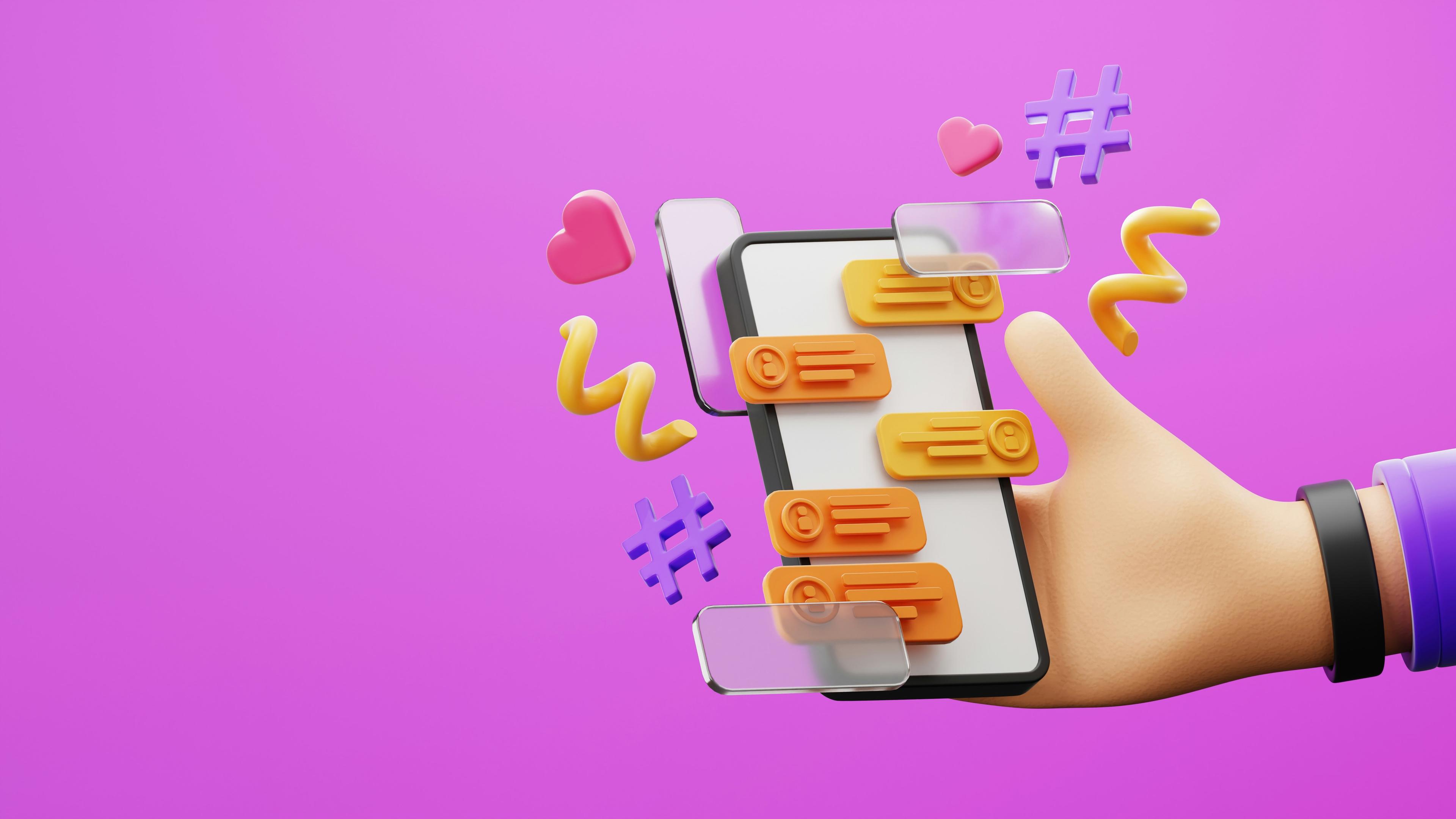 A 3D hand holding a smartphone on pink background