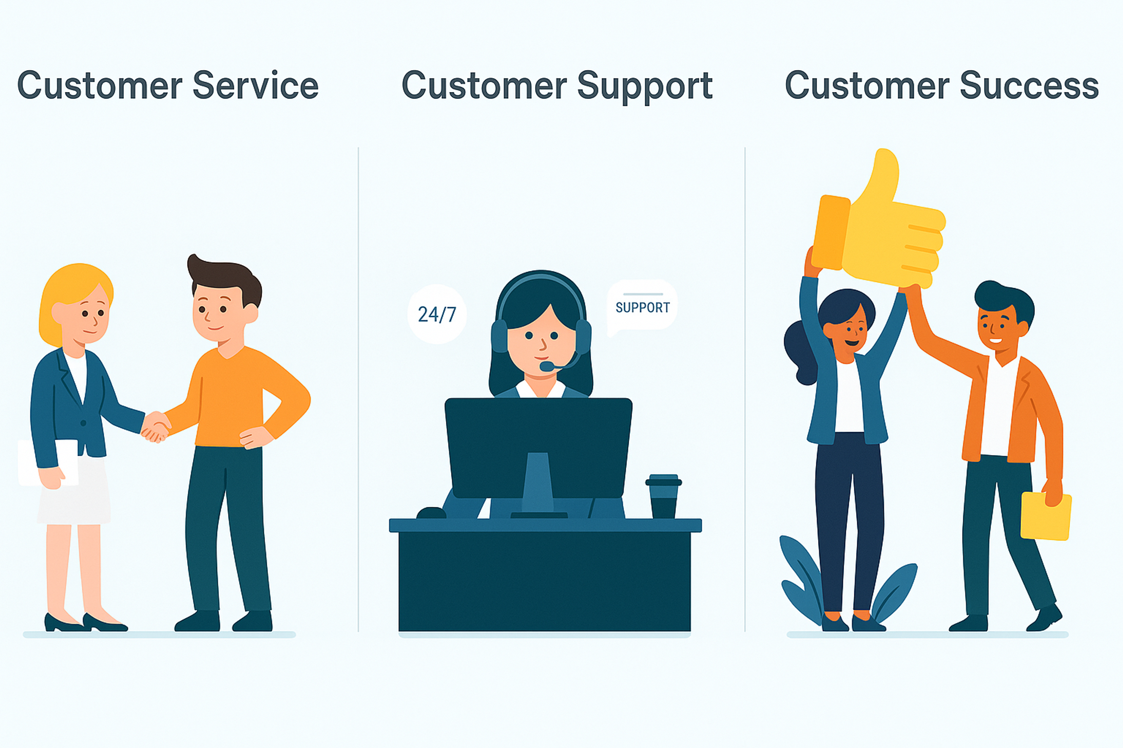 Comparison of customer service, support, and success