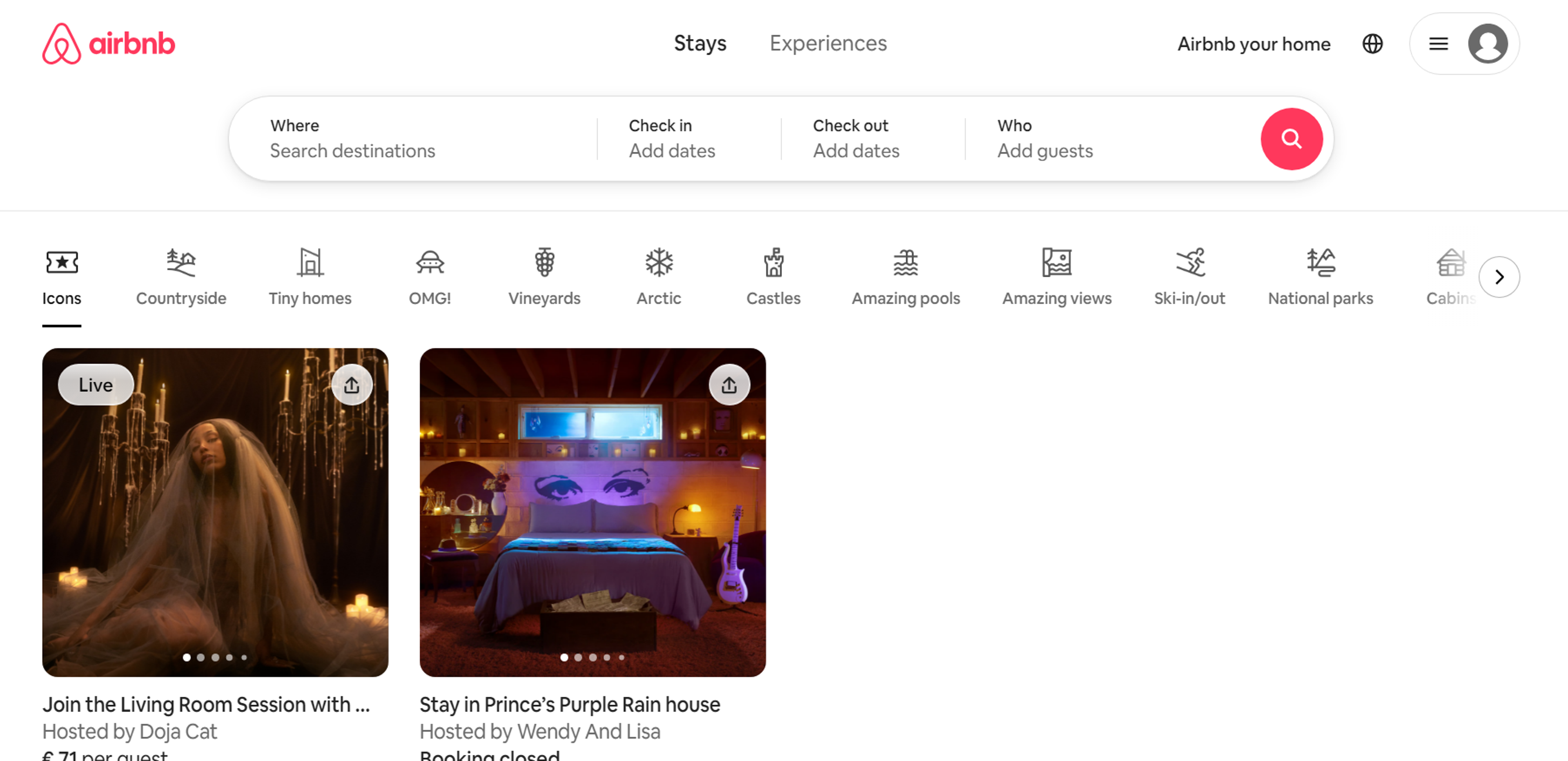 Airbnb page showcasing unique stays