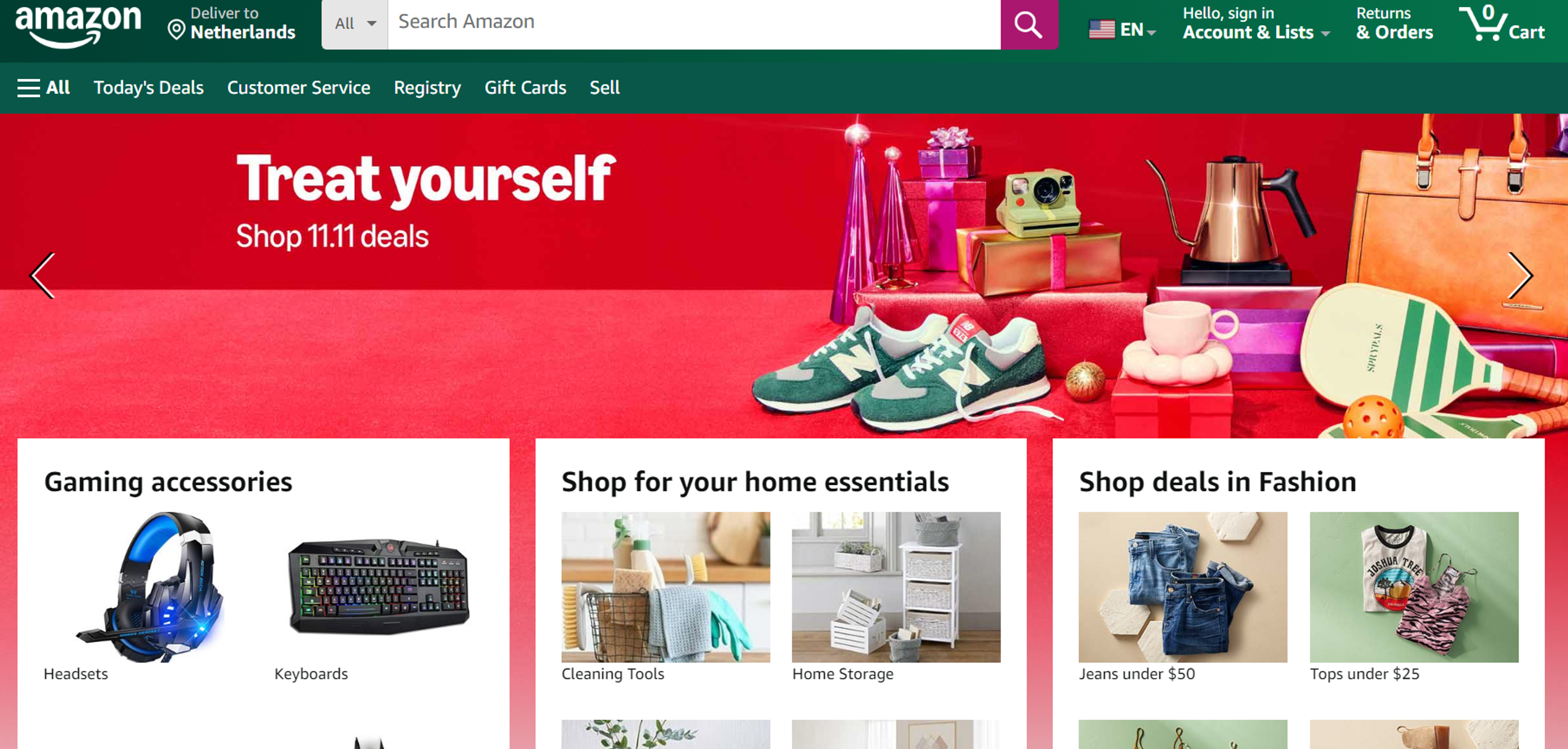 Amazon homepage with promotional deals and shopping categories