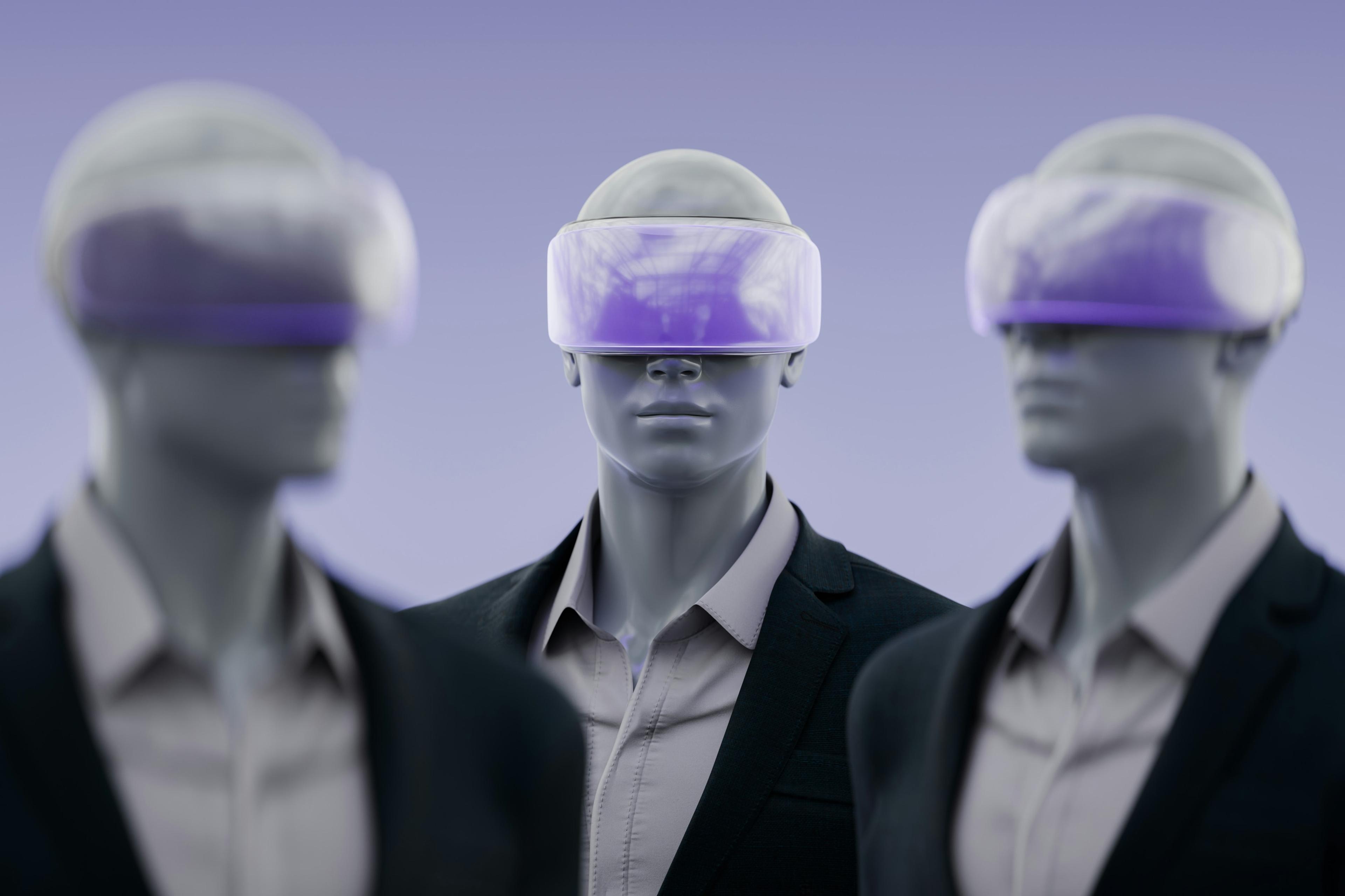 Futuristic figures wearing purple-tinted virtual reality visors