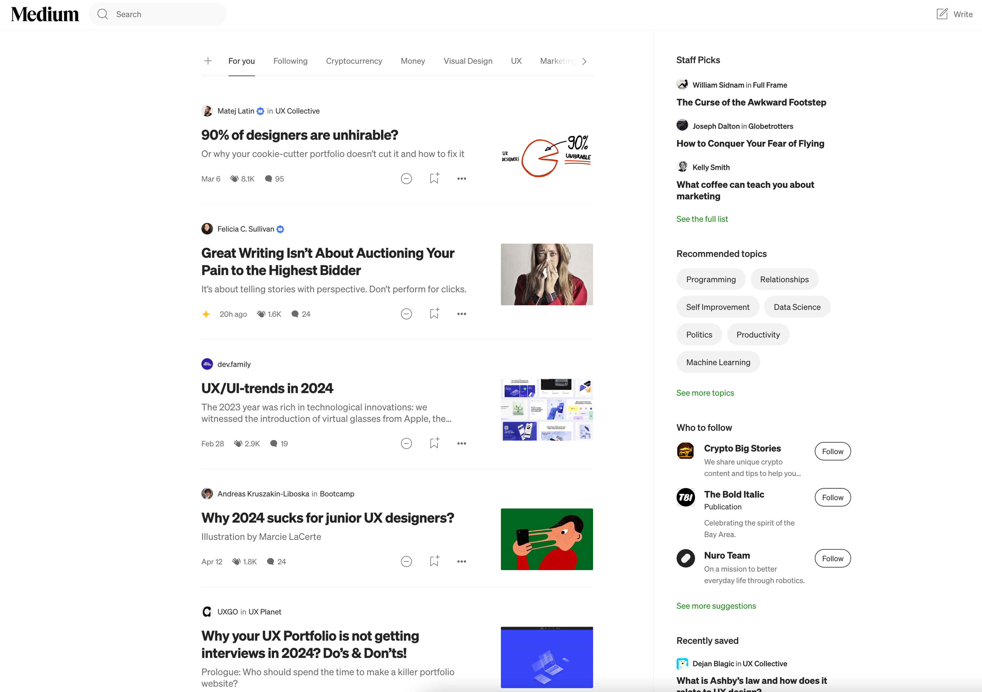 A Medium homepage showcasing popular articles