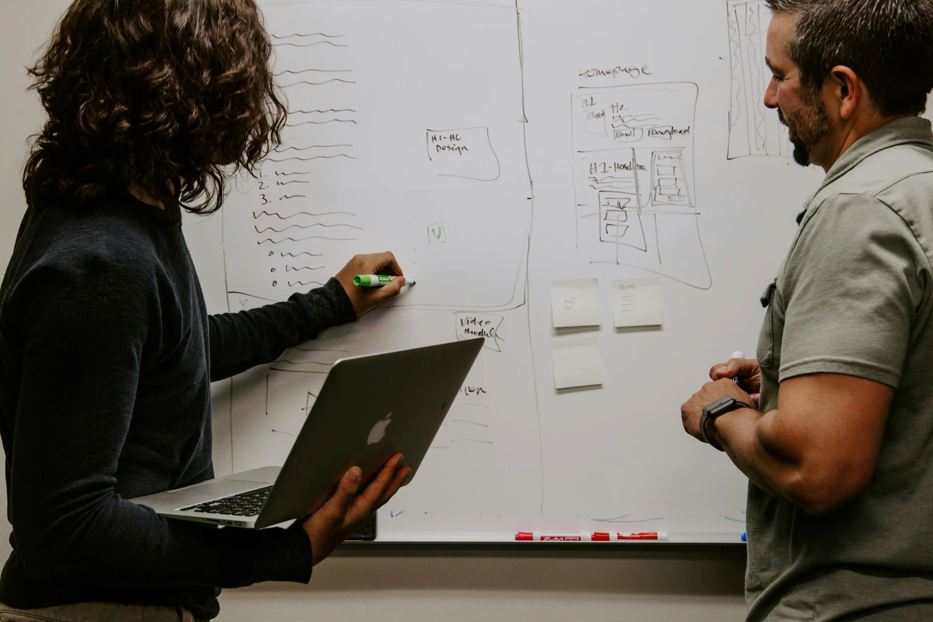 two designers discussing web design strategy and taking notes on a whiteboard