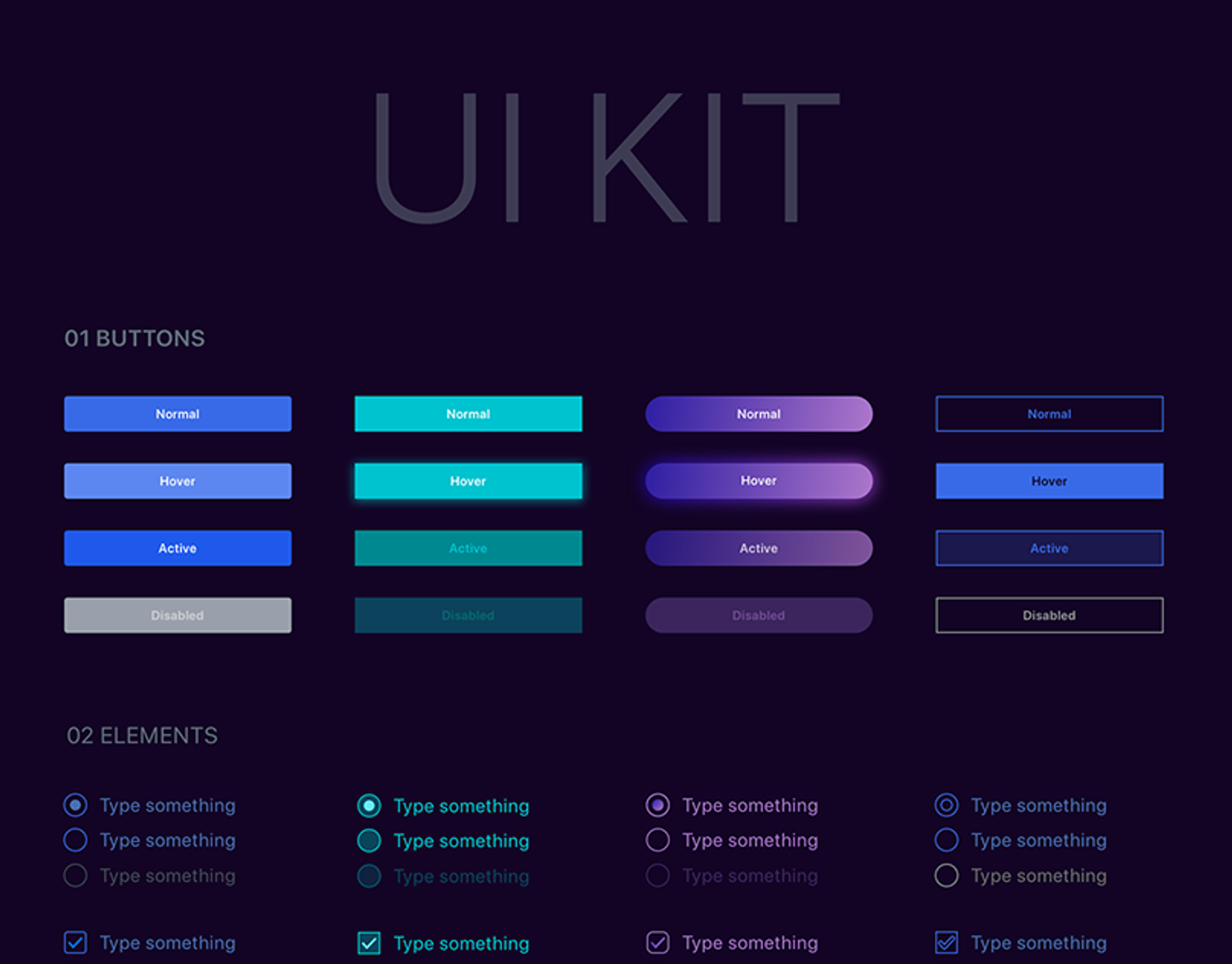 This image showcases a dark-themed UI kit with buttons and form elements