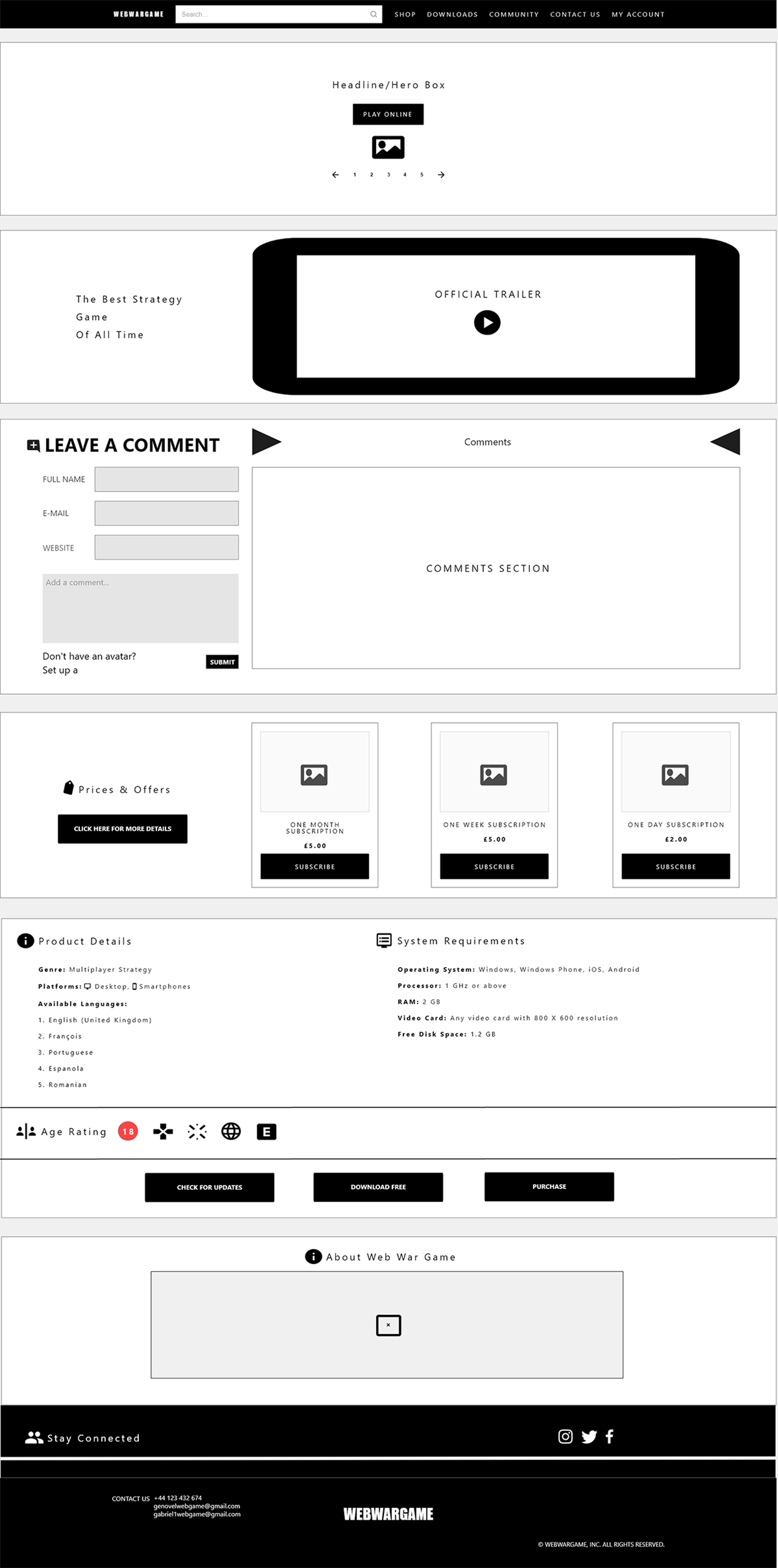 A game website wireframe example