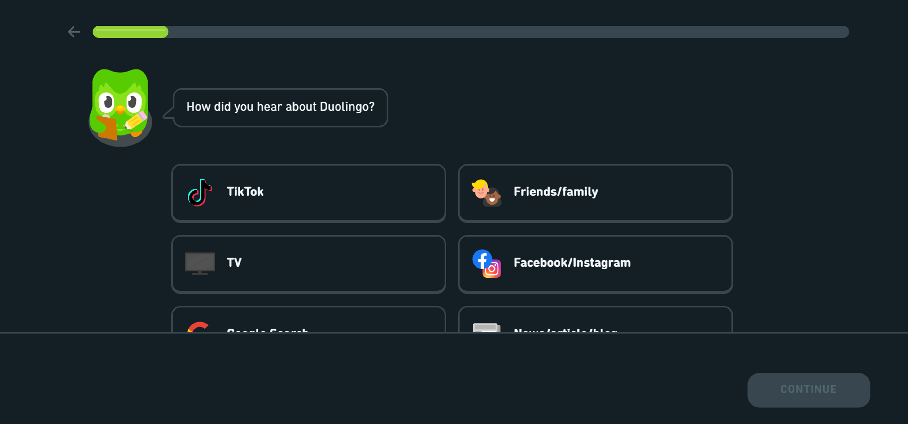 This is a Duolingo user feedback screen asking how the user heard about the app